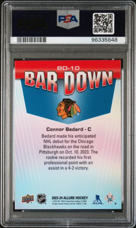 Graded 2023 Upper Deck Allure Connor Bedard #BD10 Bar Down Rookie RC Card PSA 10 view 2