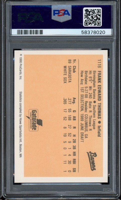1990 Procards Birmingham Barons Baseball #1116 Frank Thomas PSA 10 view 2