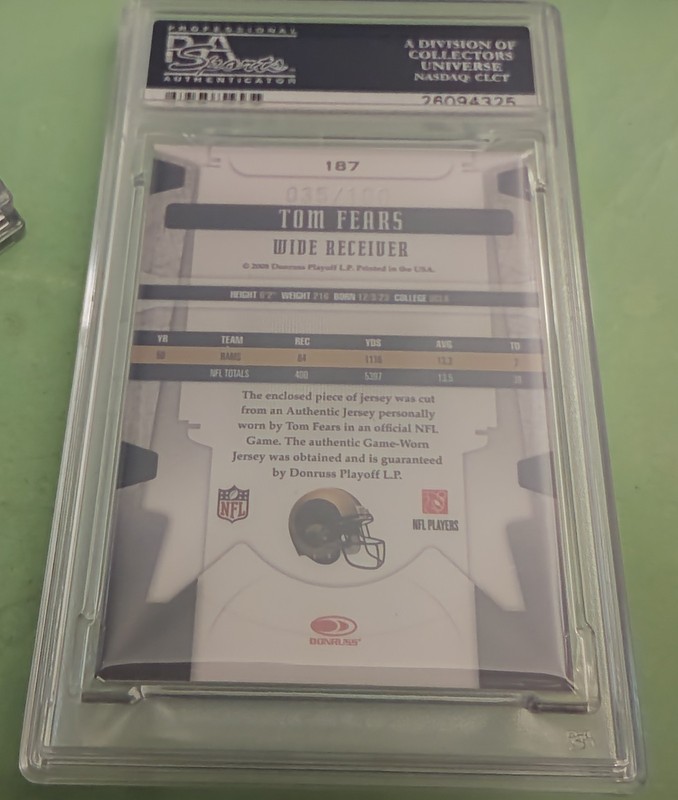 2008 Tom Fears Leaf Limited Threads GAME-WORN PATCH #187 (35/100) PSA 8 HOF RAMS view 2