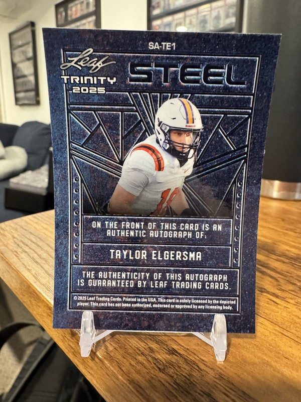 Taylor Elgersma 2025 LEAF TRINITY FOOTBALL Prospect RC Auto #1/1 Steel view 2