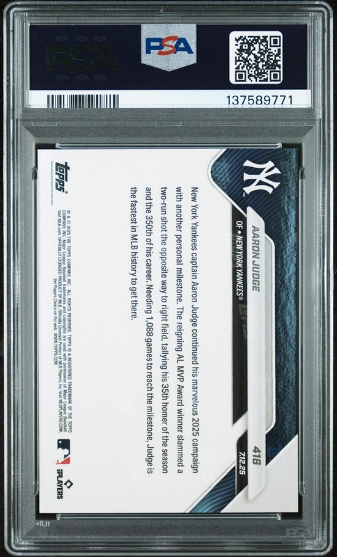 Graded 2025 Topps Now Aaron Judge #416 Baseball Card PSA 10 Gem Mint view 2