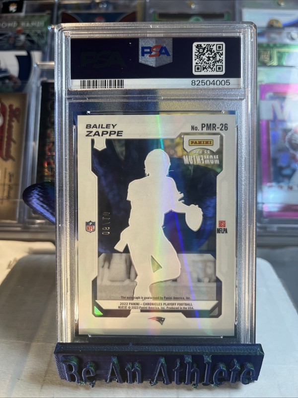 Bailey Zappe RC /10 2022 Chronicles Playoff Momentum Auto PSA 9 #PMR26 POP 1 view 2