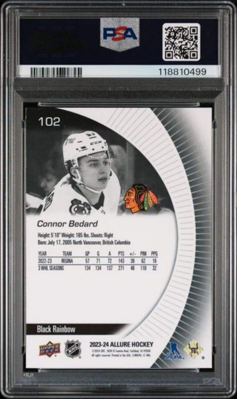 Graded 2023 Upper Deck Allure Connor Bedard 102 Black Rainbow Rookie Card PSA 10 view 2