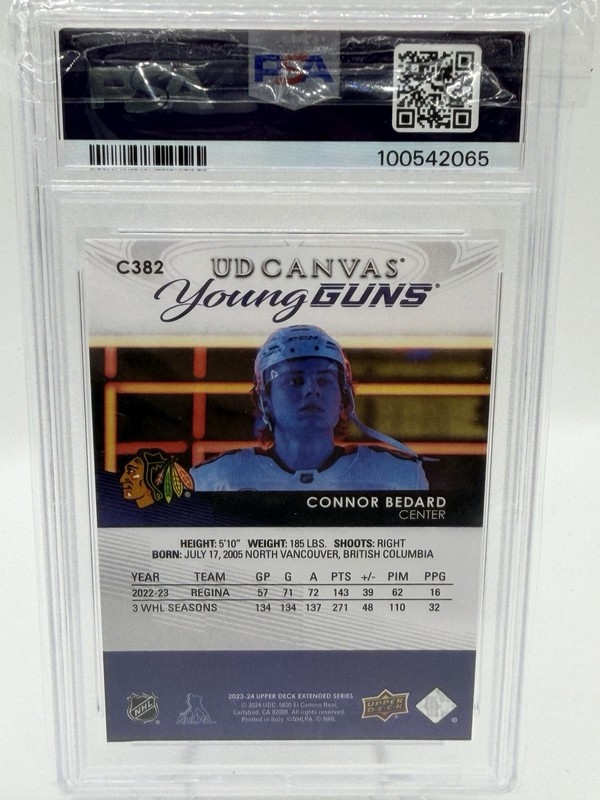 2023 Upper Deck Connor Bedard Canvas Young Guns Card #C382 PSA 9 view 2