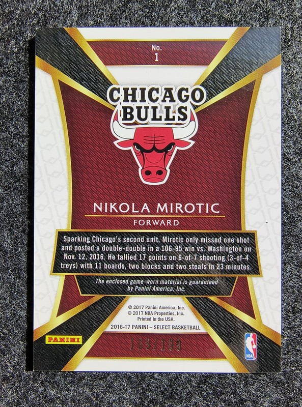 NIKOLA MIROTIC Game Used Jersey Card  #169/199 - 2016-17 Panini Select Sparks view 2
