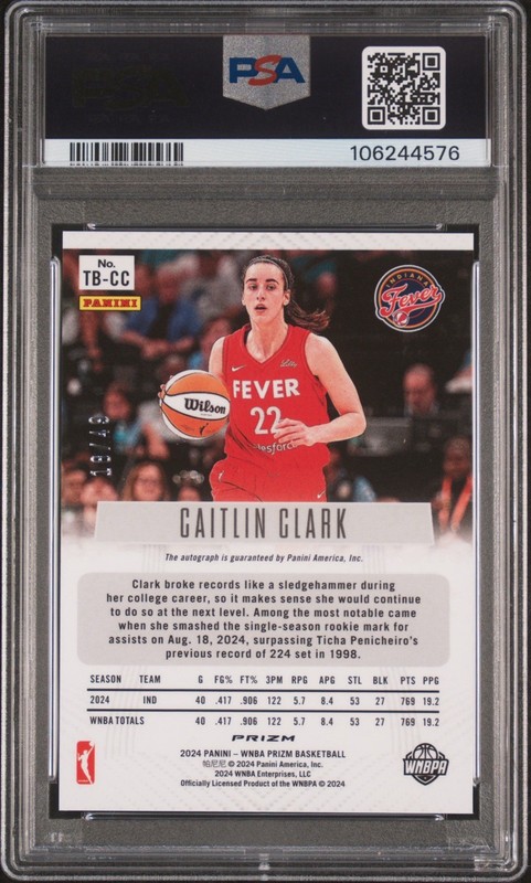 Caitlin Clark 2024 Panini Prizm WNBA Throwback Auto Purple /49 Rookie RC PSA 8 view 2