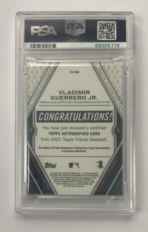2021 Topps Tribute Vladimir Guerrero Jr. Auto #d /100 Tribute Auto PSA 10 POP 2 view 2