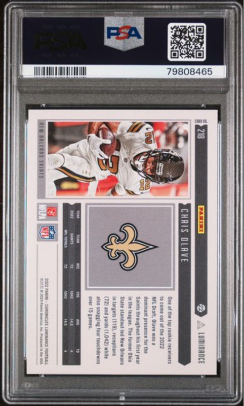Graded 2022 Chronicles Chris Olave #218 Luminance Update RC Football Card PSA 10 view 2