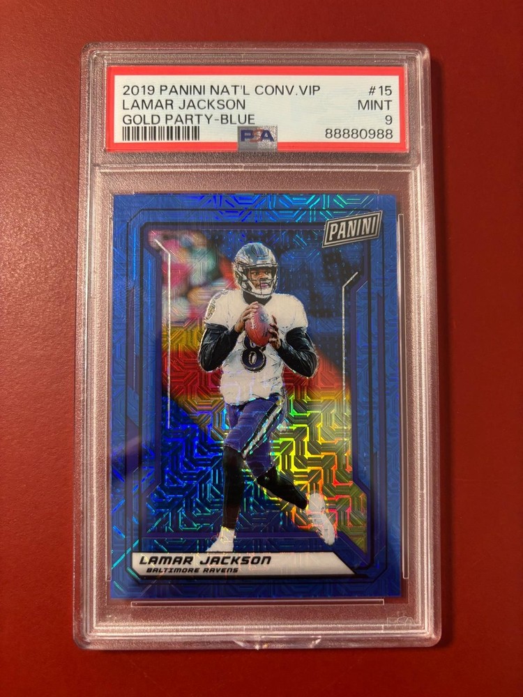 2019 PANINI NAT. CONV. VIP/ LAMAR JACKSON/ GOLD PARTY-BLUE MOJO/ 12/15/ PSA 9