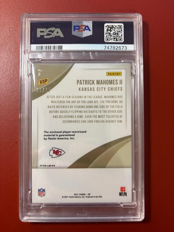 2022 PANINI NAT. VIP/ PAT MAHOMES II/ PLAYER WORN / CHOICE PRIZM/ 03/15/ PSA 8 view 2