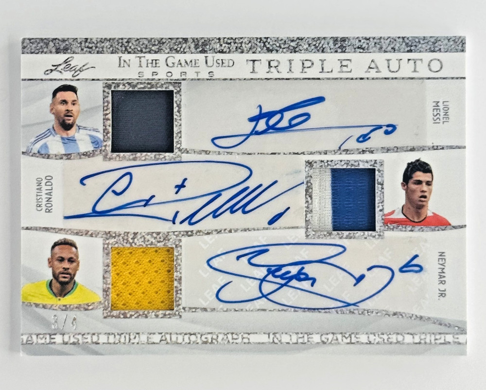 2025 Leaf Game Used Triple Patch Auto /4 Messi Ronaldo Neymar Jr. ⚽ Soccer Grail