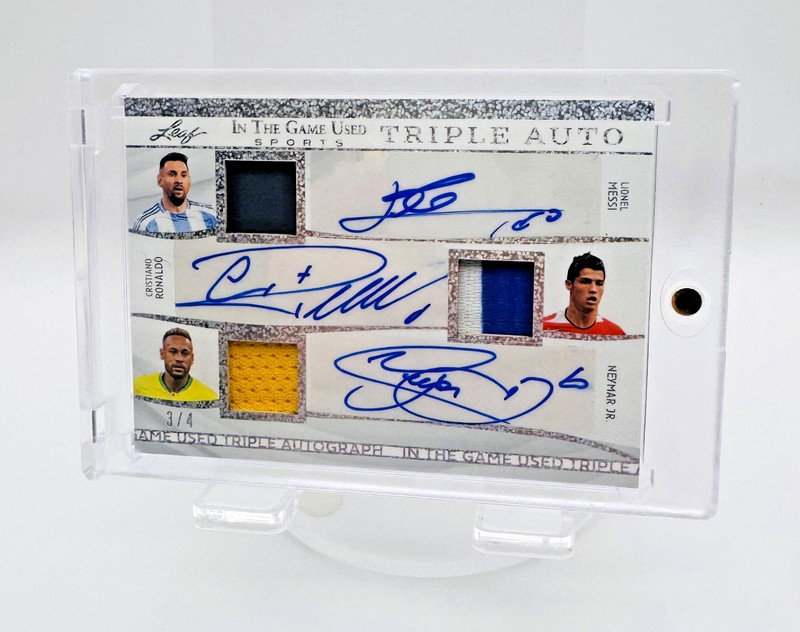 2025 Leaf Game Used Triple Patch Auto /4 Messi Ronaldo Neymar Jr. ⚽ Soccer Grail view 2