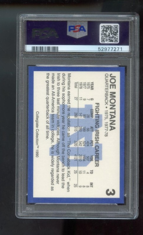 1990 Notre Dame PROMO Collegiate Collection #3 Joe Montana Graded Card PSA 8 view 2