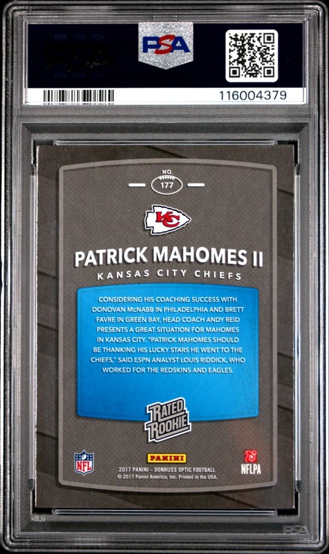 2017 Donruss Optic Rated Rookie Patrick Mahomes II #177 (RC) Chiefs GOAT PSA 9 view 2