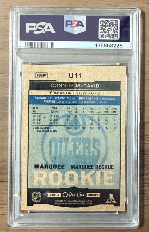 2015 2015-16 O-Pee-Chee Update Rookie #U11 Connor McDavid PSA 8 NM-MT Oilers view 2