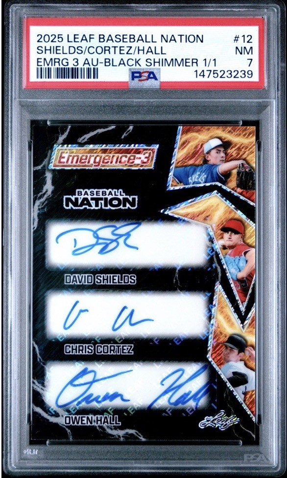 2025 Leaf Baseball Nation Shields/Cortez/Hall #12 Black Shmr Auto 1/1 PSA 7