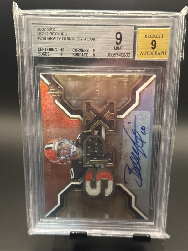 2007 SPX BGS 9 - Brady Quinn #219 - Auto Rookie Jersey Gold #’d/99 RC  view 2