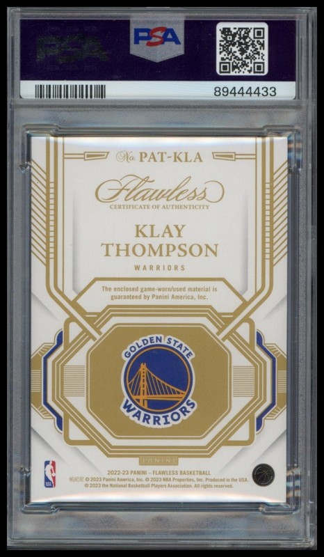 2022-23 Panini Flawless Klay Thompson Game Worn Patch Jersey # 11/20 PSA 8 view 2