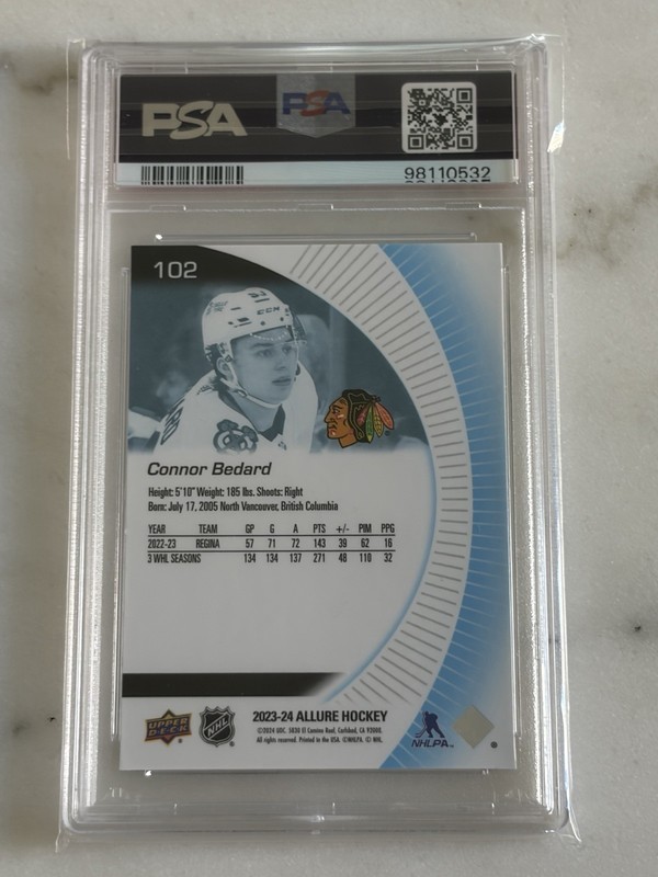 2023-24 Upper Deck Allure - Rookies Connor Bedard #102 (RC) PSA 10 GEM MINT view 2