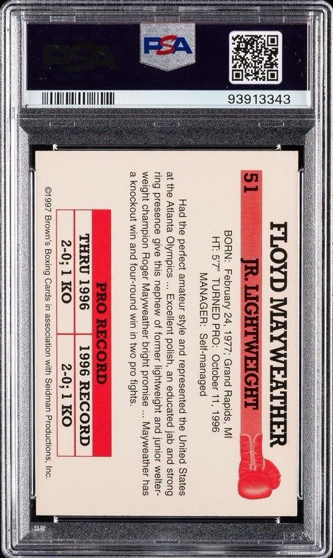 Floyd Mayweather Jr. 1997 Brown’s Boxing Rookie Card #51 PSA 9 MINT TBE view 2