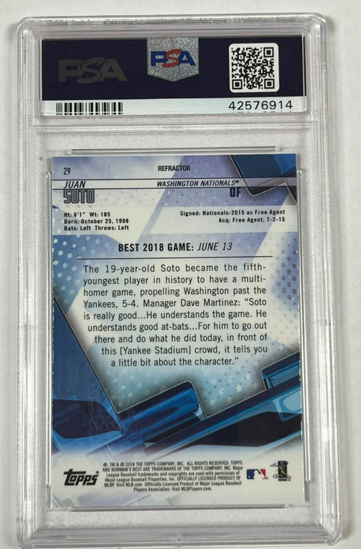 2018 Bowman's Best Juan Soto Refractor Rookie Card # 29 PSA 10 view 2