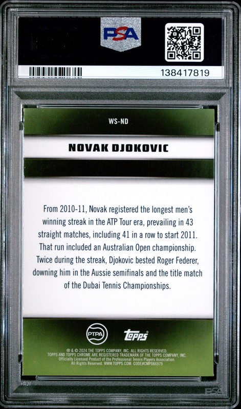 2024 Topps Graphite Tennis Winning Streaks #WSND Novak Djokovic Aqua Ref PSA 10 view 2