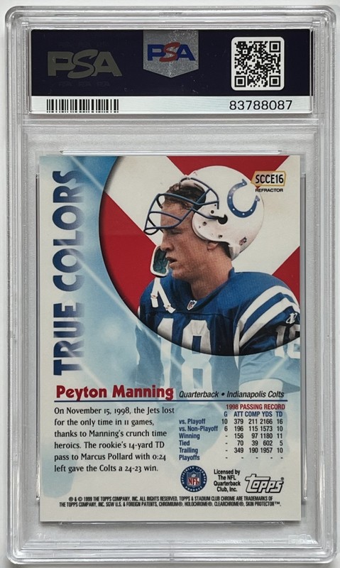 1999 Stadium Club Chrome True Colors Refractor #16 Peyton Manning PSA MINT 9 view 2
