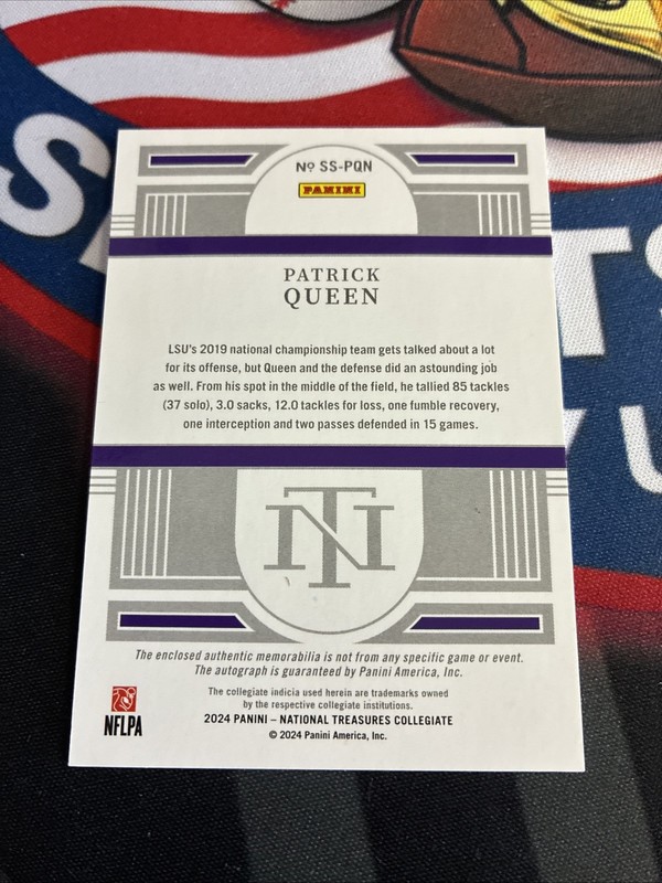 2024 NATIONAL TREASURES PATRICK QUEEN AUTO RELIC /75- LSU view 2