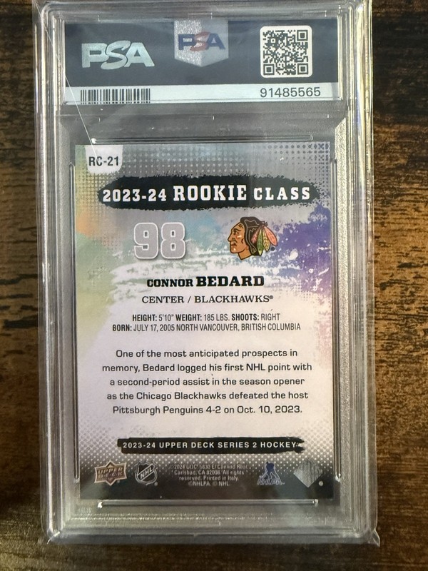 2023-24 Upper Deck Rookie Commemorative Class Connor Bedard RC PSA 8 view 2