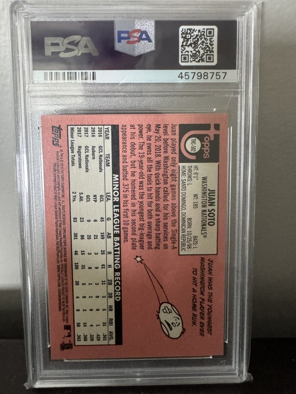2018 Topps Heritage Juan Soto Chrome Purple Refractor PSA 10 RC view 2