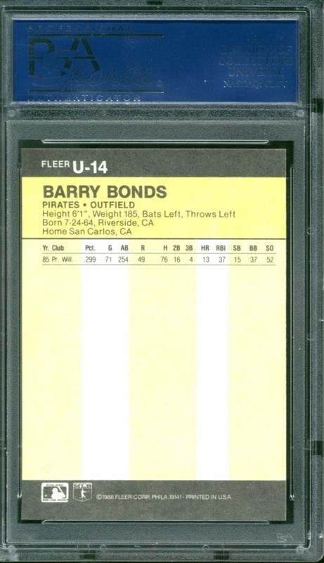 1986 Fleer Update PSA 10 Barry Bonds #U-14 Rookie RC 08 Pop 1423 view 2