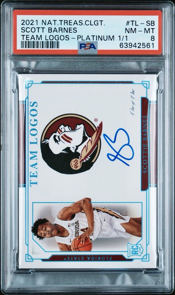 2021 National Treasures Collegiate Scottie Barnes Auto FSU Team Logo 1/1 PSA 8