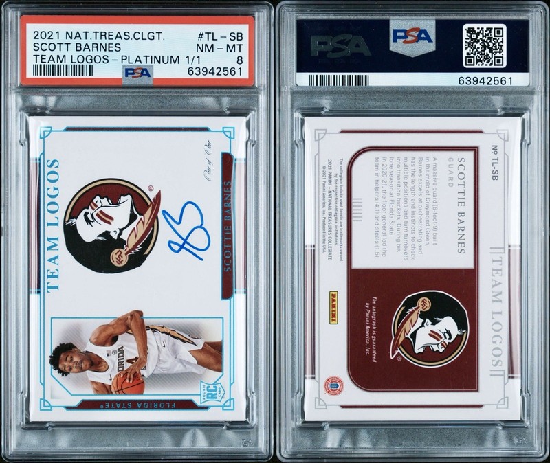 2021 National Treasures Collegiate Scottie Barnes Auto FSU Team Logo 1/1 PSA 8 view 2