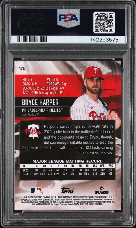 Bryce Harper 2021 Topps Stadium Club Chrome #174 Variation PSA 10 view 2