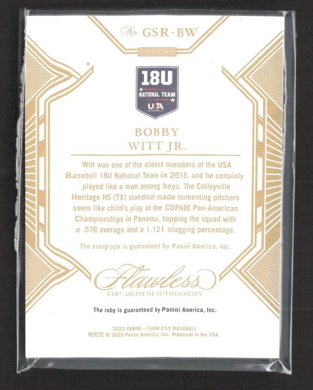 2023 Panini Flawless Baseball Bobby Witt Jr. #GSR-BW Ruby 05/20 auto view 2