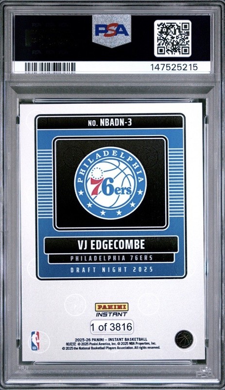 2025-26 Panini Instant NBA VJ Edgecombe #3 RC Rookie Draft PR /3816 PSA 10 (QTY) view 2