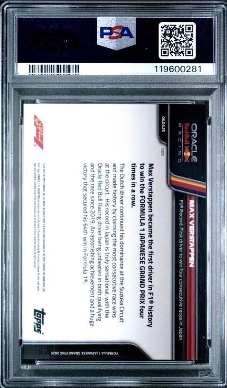 2025 Topps Now Formula 1 Max Verstappen #25 F1 Record: 4 Cons. PR /3122 PSA 10 view 2