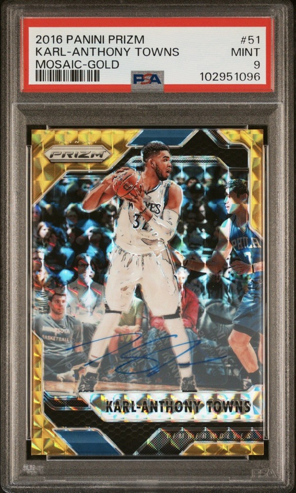 2016-17 Panini Prizm Karl-Anthony Towns #51 PSA 9 Gold Mosaic /10 Auto Wolves