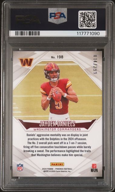 2024 PANINI PHOENIX #198 JAYDEN DANIELS RED FADE 14/299 PSA MINT 9 view 2