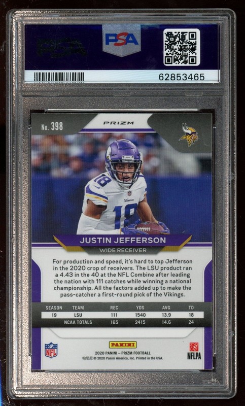 2020 Panini Prizm Justin Jefferson Disco Prizm #398 RC PSA 10 view 2