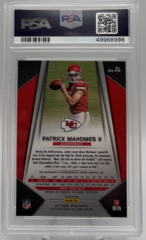 Patrick Mahomes II 2017 Panini Prizm Silver Rookie Autographs Auto PSA 9 #RA-PM view 2