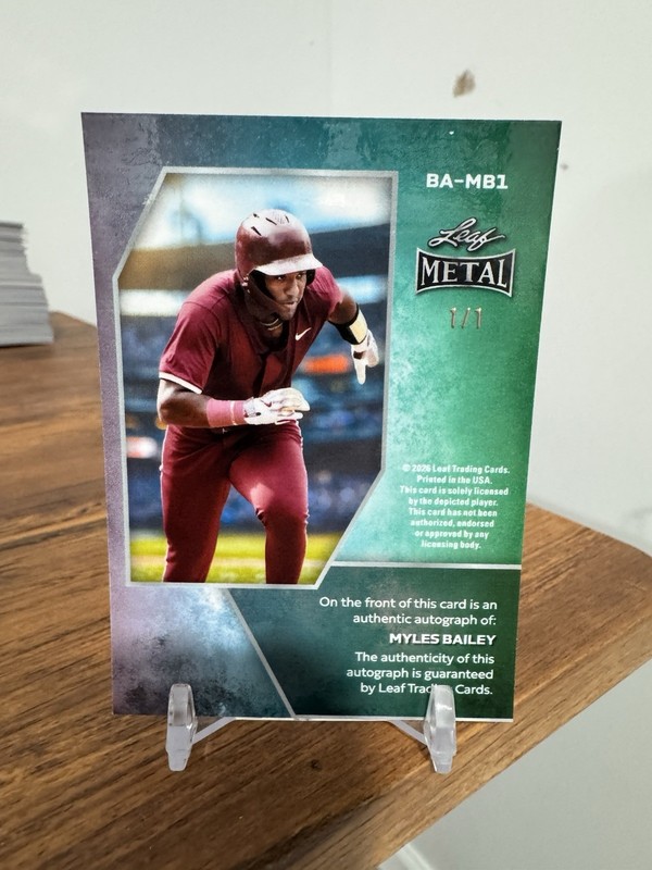 2026 Leaf Metal Baseball Myles Bailey Top Prospect RC #1/1 Auto view 2