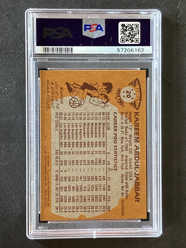 1981 Topps #20 Kareem Abdul-Jabbar Lakers EX PSA 5 view 2