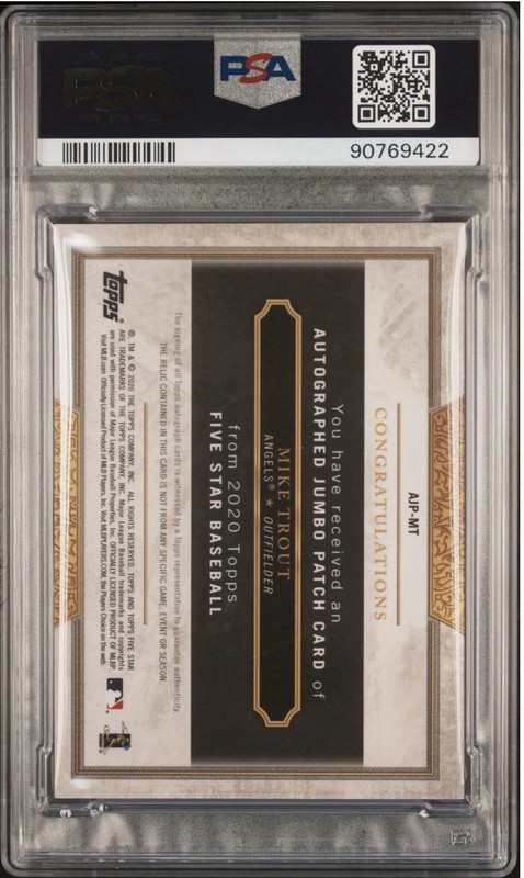 2020 Topps Five Star Mike Trout Gold Jumbo Patch Auto PSA 10 view 2