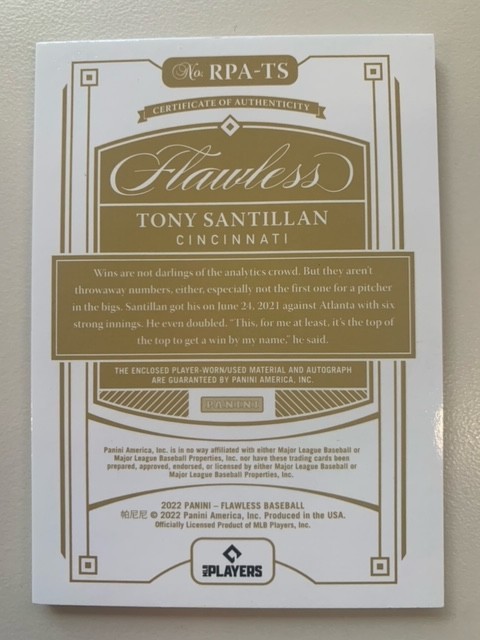 2022 Panini Flawless Baseball Tony Santillan Rookie Logo Patch Auto /25 Reds view 2