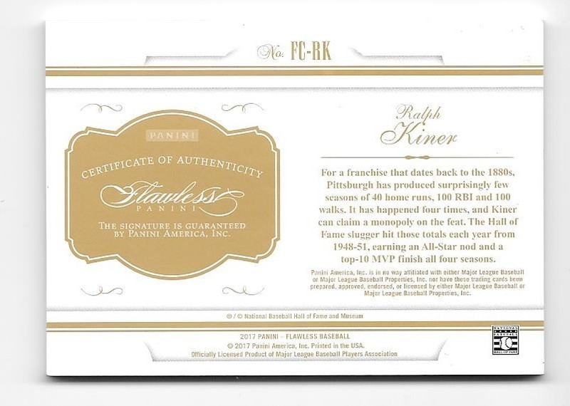 RALPH KINER AUTOGRAPH SERIAL /25 2017 PANINI FLAWLESS CUTS CHECK FC-RK AUTO view 2