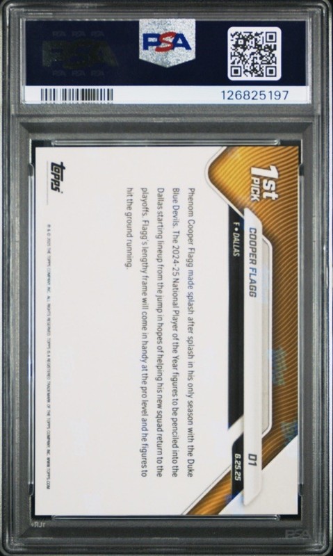 2025 Topps Now NBA Cooper Flagg #D1 RC Rookie Draft PSA 10 GEM MT MAVS (QTY) view 2