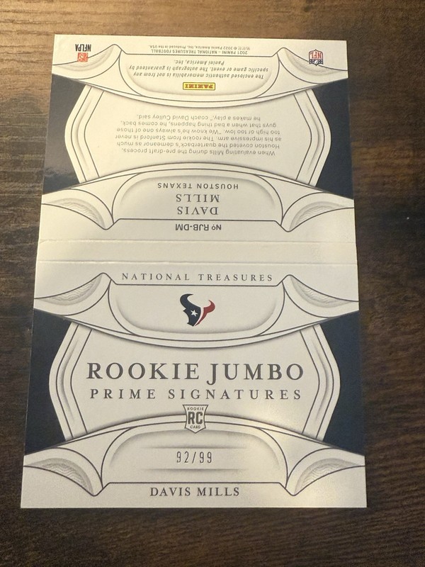 Panini National Treasures Davis Mills Texans RJB-DM RC Auto Mem Booklet /99 view 2