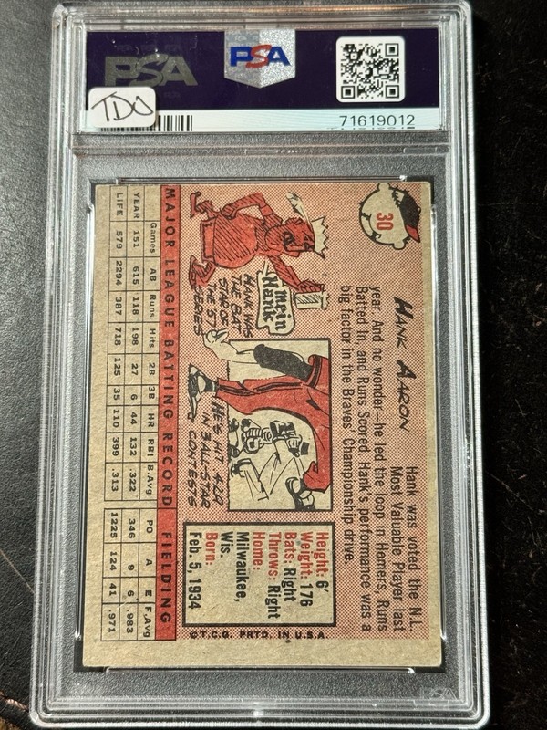 1958 TOPPS BASEBALL #30 WHITE NAME HANK AARON BRAVES HOF GRADED PSA 4 CARD view 2