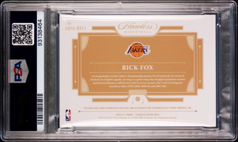RICK FOX 2020-21 Panini Flawless Game-Worn Patch Autograph Gold 06/10 PSA 9 Mint view 2